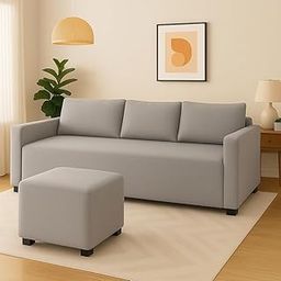 FURNY Mintano 3 Seater Fabric Sofa Set with Ottoman (Light Grey)-image-105
