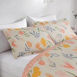 BSB HOME 100% Cotton Quilted/Ultrasonic 280 Tc Printed King Size Bed Cover/Bedsheet/Bedspread Comforter with 2 Pillow Shams/Cover, (Luxurious, 90 x100 inches, Floral White & Pink)-image-66