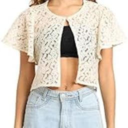 Women Front Open Self Designed Flared Sleeves Lace Shrug (Beige, 3XL)-picture-20