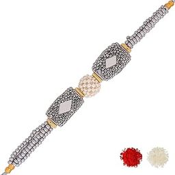 Silver Beaded and Pearls Rakhi with Roli Chaawal Pack-image-1