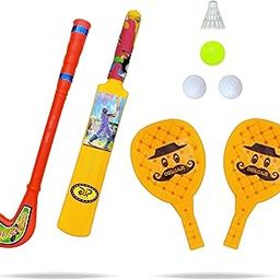 PRAPTI MART Super Plastic Sports Combo Set Cricket Bat Ball Tennis Racket & Hockey Sticks for Kids | Indoor Outdoor Toys | Activity Learning Toy | Age 2+ | 3 Pcs Combo | Y/Y/R-image-13
