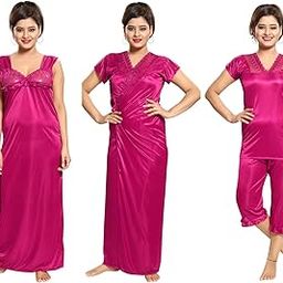 Women's Satin Solid Maxi Length Nighty, Wrap Gown, Bra and Thong (Size - Free Size) (Nightwear Set Pack of 4)-image-38