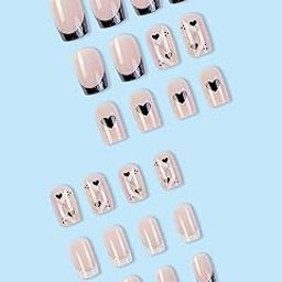 Secret Lives glossy artifical fake false press on nails pink and black color combo 24 pieces set with kit-picture-38