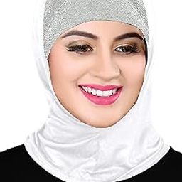 Cotton Blend Vastragrah Girl Hijab Cap/Beanie Female Cap For Party, Festive, Casual White with Silver Glitter-image-86
