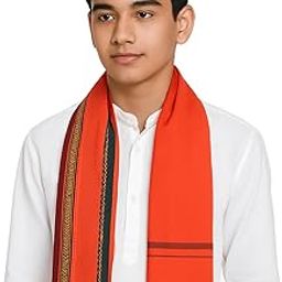 Vandana International Trader Traditional Indian Gamcha Stole for Men – Pure Cotton Scarf | Ethnic Orange Dupatta with Woven Border – Festive & Cultural Wear Accessory-picture-2