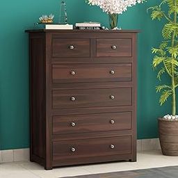 Credenza Sheesham Wood Chest of Drawers 6 Drawer Storage Sideboard, Contemporary Bedroom Hall Home Office Furniture, Kitchen Cabinet, Sleek and Modern Chest of Drawers, Walnut Finish - Preassembled-2