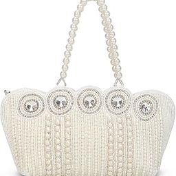 Shanvi Handicraft Women's Small Cutest Vintage Style Pearl Tote Wrist Bag Evening Clutch Purse, White-image-50