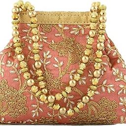 Heart Home Polyester Embroidered Potli Batwa Pouch Bag for Women (Peach) HEART2869-35