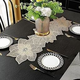 TIED RIBBONS Pack of 1 Table Mat Flower Leaf Shape Placemats for Dining Table Kitchen Mats Pot Non-Slip Heat Resistant Wipeable Washable Tableware (93 x 32cm, PVC, Golden)-12