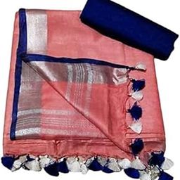 Women's Linen Slub Saree with Contrast Blouse Piece-17