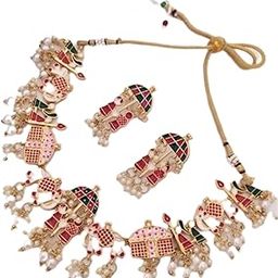 Traditional Rajasthani Meenakari Necklace and Earring Set, Gold-Plated Pearl Jewellery with Umbrella Design, Red and Green Enamel Work-image-71
