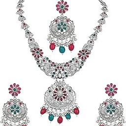 Navratri Ethnic Stylish Silver Oxidised Chain Pendant Long Necklace Jewellery Set Whit Earrings For Women & Girls-image-1