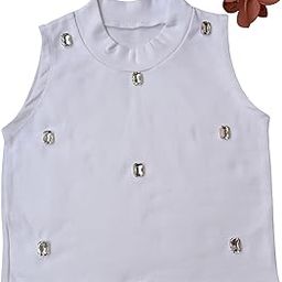 White Sleeveless Crop Top with Crystal Embellishments, Soft Material, Free Size-image-66