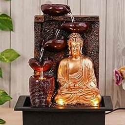 Idalia Homes Polyresin Golden Brown Meditating Buddha Tabletop Indoor 4 Diya Steps Water Fountain for Home Decor with Yellow LED Light & Speed Controller Pump-picture-13