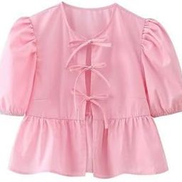 Women's Pink Cotton Puff Sleeve Blouse with Bow Front, Peplum Hem-picture-2