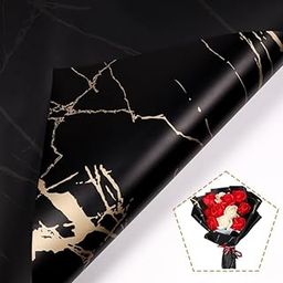 Saksham 10 Waterproof Marble Flower Wrapping Sheets (58 x 58 cm) | Floral Bouquet Gift Wrap for Weddings, Birthdays, Mother's Day & Holiday Decorations (Black & Gold) |Get1 Free Pull Bow Ribbon-20