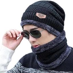 Buttons & Bows Knitted Winter Cap & Neck Scarf with fleece, Unisex Beanie Cap with Neck Warmer for Men & Women, warm neck and cap set-image-33