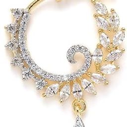 Nose Ring for Women Bridal Nose Ring,Bridal Nath for Women Traditional Floral Design | American Diamond Special Chained Gold-Plated Plated Alloy Nathiya (Pack Of 1)-18
