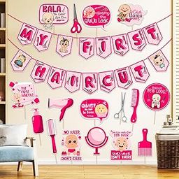ZYOZIQUE My First Hair Cut Mundan Baby Welcome Ceremony Decorations Set For Baby Girl - My First Hair Cut Paper Banner & Photo Booth Props, Pink (Pack Of 17)-14