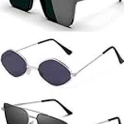 Unisex combo offer pack of 5 shades Unisex Fashion Sunglasses Set, 5 Pairs, Metal Frame, Black and Silver - Combo5-9692-image-46