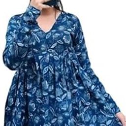 Women’s Dark Blue Floral Printed Full Sleeve Pleated Kurti Tops-image-2