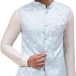 Men Turquoise Blue & Gold Woven Design Jacquard Neharu Jacket-image-1