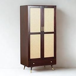 ONIJA Solid Sheesham Wood Rattan Cupboard | 2 Doors & Drawers Storage Wardrobe for Bedroom | Rustic Almirah Cabinet | 90W x 55D x 185H CM-image-44