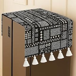Double Door Fridge Cover >400L | 450 GSM Durable Fridge Top Cover with Tassels & Pockets | Fits Godrej, LG, Haier, Samsung Models | Dustproof Refrigerator Cover in Mud Cloth | WWW.THROWPILLOW.IN-image-63