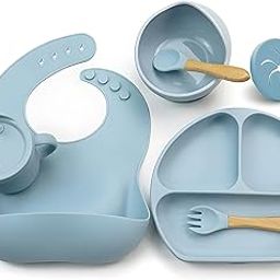 FOLETO Baby Feeding Set | Weaning Set | Suction Bowl, Divided Plate, Spoon & Fork | Adjustable Bib | Food-Grade Silicone | Safe & Durable Tableware Set (Blue)-image-42
