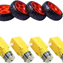 ElectroSys Dual Shaft DC Motor 150 RPM with Wheels | 3V-6V Geared TT Magnetic Gearbox Engine for Toy Car, Robot Projects | Red & Yellow Motor with 4 Wheels and 4 Gear Motors-24