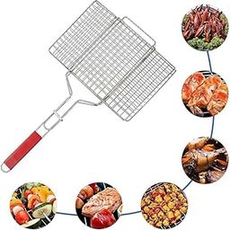 Black Sparrow Stainless Steel Portable & Non Stick Barbecue BBQ Grill Net/Basket/pan/mesh Roast Grilling Tray Chromium Plated with Wooden Handle for Vegetable,Steak,Shrimp,Chops and Other Food-70