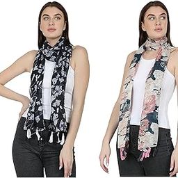 ™ Women's Printed Poly Cotton Multicolored Scarf and Stoles with Tassels Set Of STF002-4