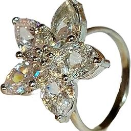 Crystal Flower Statement Ring, American Diamond, Rhodium Plated Brass, Adjustable Size, Grey Coloured | Best for Gifting Purposes-image-88