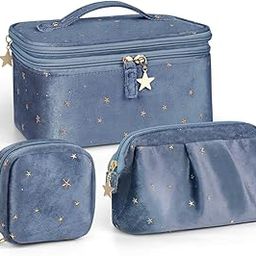 Wedama Makeup Bag, Double-layer Cosmetic Bag with Jewelry Storage and Brush Holders 3 Pcs Velvet Makeup Bag Set Travel Makeup Organizer Bags Portable Cosmetic Case Toiletry Bag for Women Girls, Blue,-15