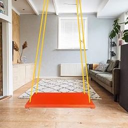 ZENRISE® Wooden Swing with Ropes for 5+ Kids, Indoor and Outdoor, Orange and Yellow, 1.5 feet Single Seat, Natural Solid Wood-15