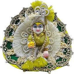 Vrindavanstore.in Designer Laddu Gopal Dress with Matching Pagdi, Patka & Choli | Pearl & Patch Work Poshak with Mukut | Fancy Outfit for Bal Gopal Idol | Ideal for Janmashtami, Diwali (Size- 03No)-image-0