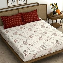 Draping Elegance Double XL Super King Size Fitted Bedsheet – 108 x 108 Inches | All-Round Elastic | 100% Cotton Feel Fabric | Includes 2 Pillow Covers (White Brown Leaf)-image-66