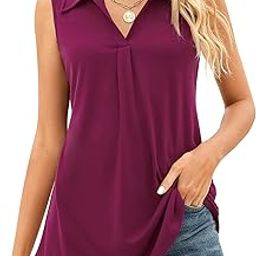 Sleeveless Tops for Women - Summer V Neck Casual Tank Tops Loose Solid Collar Polo Shirts-image-40