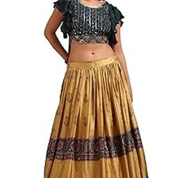 Womens Teal Blue Chinon Embroidered Lehenga Choli With Mirror Work-image-22