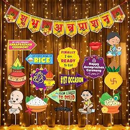 Zyozique ® Annaprasanam Photo Booth Props with Annaprasanam Paper Bunting Paper Banner Hindi Font Shubh Annaprashan | Rice Ceremony Decorations Items (Pack of 18)-28