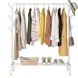 Lukzer Metal Single Garment Stand with Bottom Shelves – Freestanding Clothes Storage Organizer with 4 Hooks – Heavy-Duty Coat Rack for Bedroom, Hallway, Office & More (White, 40x110x148cm, MGS-001)-16