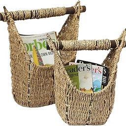 krafters attic Seagrass Magazine Holders with Wooden Handles| Rustic Storage Solution for Home Organization (Brown) (set of 2)-image-11