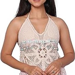 Women's Knit Crochet Halter Neck Padded Fringes Bikini Tops Backless Beachwear Bralette Crop Top (One Size Bust 28-34 Inch)-image-94