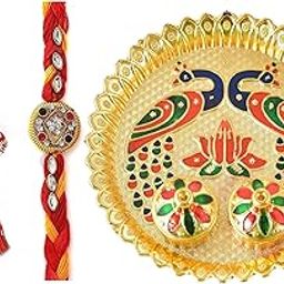 CraftVatika Rakhi with Puja Thali Gift Combo Set of 1 for Brother and Bhabhi for Rakshabandhan, Pooja Thali Set Gift with Red Floral Lumba Rakhi, Bhaiya Bhabhi Rakhi with Pooja Thali,-14