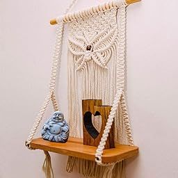 Saaz Macrame' Wall Hanging Shelf |112| Indoor Boho Wall Decor for Bedroom, Wood Hanging Shelf Handmade Woven Cotton Rope Bohemian Home Wall Decor (Set of 1, Beige)-image-83