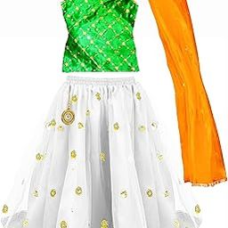 Baby Girl Tricolor White lehenga green choli with orange dupatta-image-54