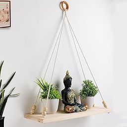 Decazone ® Macrame Wall Hanging Shelf Wood Floating Shelves with Wooden Beads & Ring Modern Chic Decor for Dorm Living Room Nursery Gift Item 55 x 43 cm Beige-17