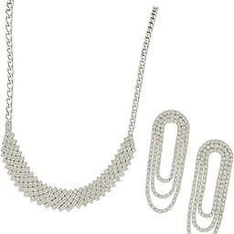 Crystal Rhinestone Statement Necklace and Earrings Set, Rhodium Plated, Geometric Design-image-82