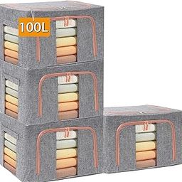 100L Large Storage Bags,Stackable Clothes Storage Bins with Hold Shape Metal Frame,Foldable Closet Organizer Containers with Zipper,Clear Window,Thick Fabric for Seasonal Clothing (Gray, 4 Pack)-29