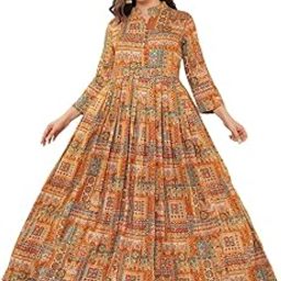 Women's Printed Ethnic Mandarin Collar Long Dress(Gown) with Mirror Work-image-1